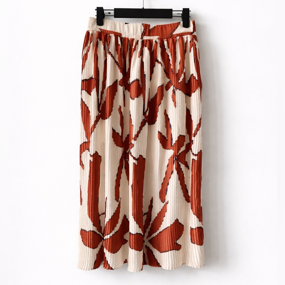 Ba&Sh Ecru Abstract Floral Midi Lady Skirt Pintuck Pleat Size 0